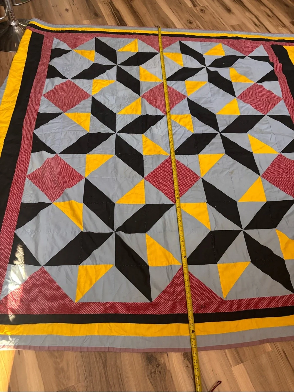 Vintage Handmade Geometric Patchwork Quilt - Yellow, Black, Gray, Red